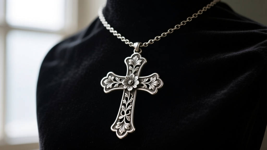 Macro shot of a Victorian vintage silver cross necklace revealing dark tarnish in engraved floral crevices against dark velvet.