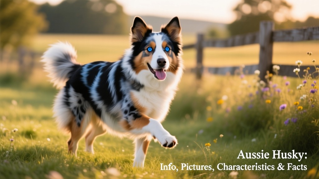 A playful, medium-sized dog with a thick, multi-colored coat, blue and brown eyes, and an alert, friendly expression