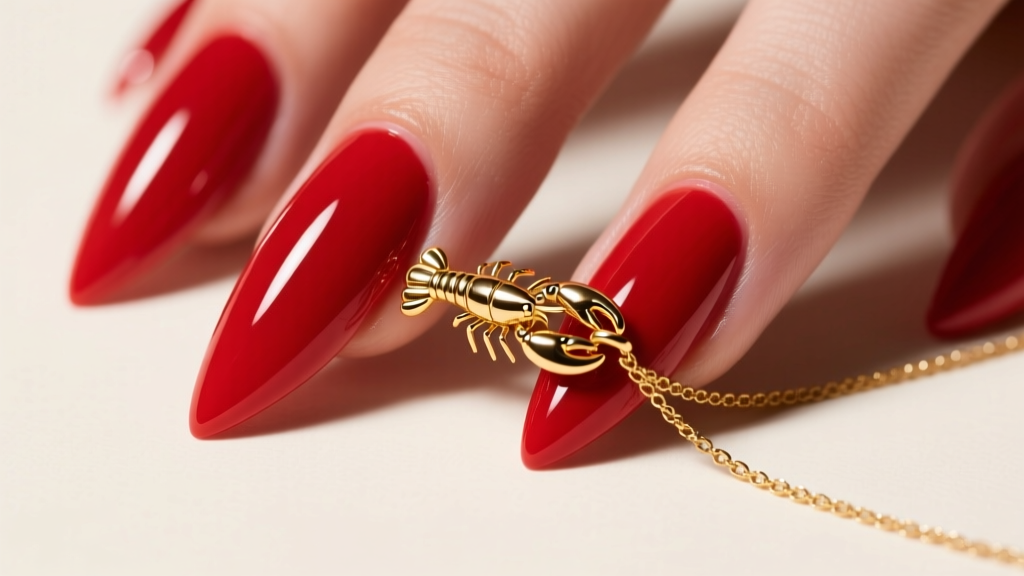 Close-up of long glossy red stiletto nails struggling to open a tiny 14k gold lobster clasp on a delicate 1mm chain necklace.