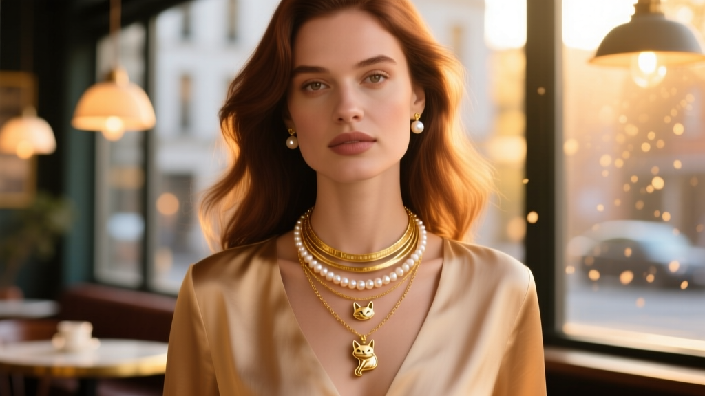 Woman wearing layered gold vermeil necklace set featuring small cat profile and pearl, blurred cafe background, warm golden hour.