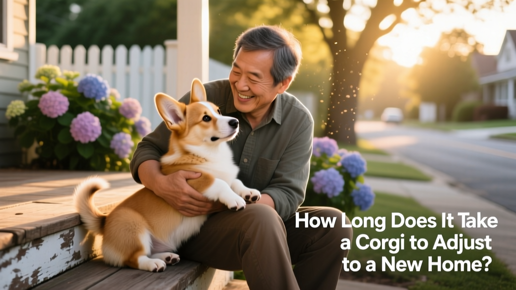 A smiling owner holding a Corgi puppy gently while sitting on a porch step, both looking relaxed and connected