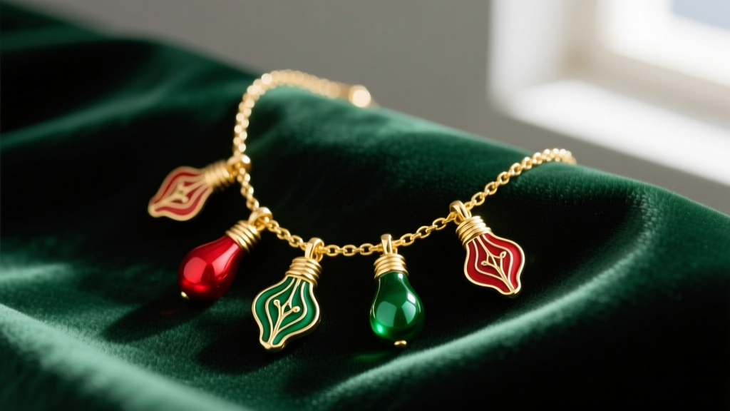 Close-up of gold vermeil necklace with enameled red and green Christmas light bulb pendants resting on dark green velvet fabric.