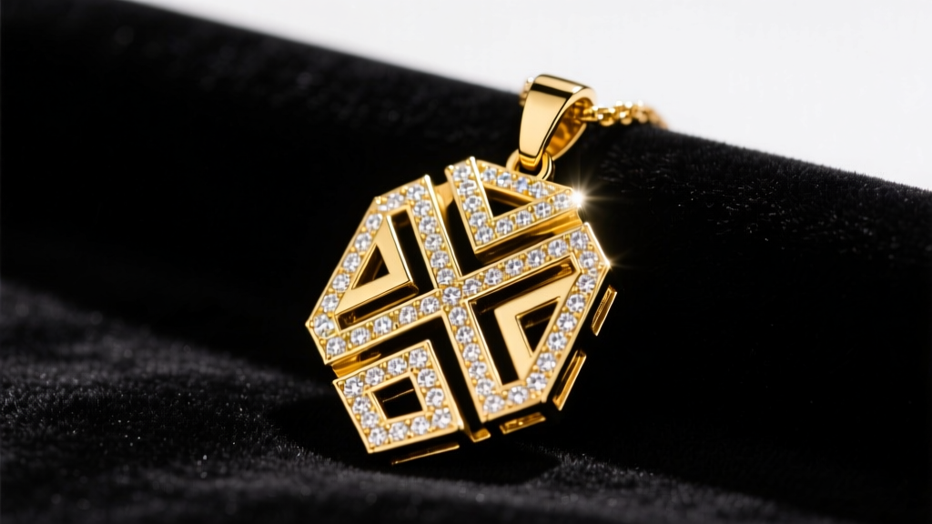 Heavy 18k yellow gold custom hip-hop pendant with intricate VVS diamond pave, resting on dark velvet under bright studio lighting.
