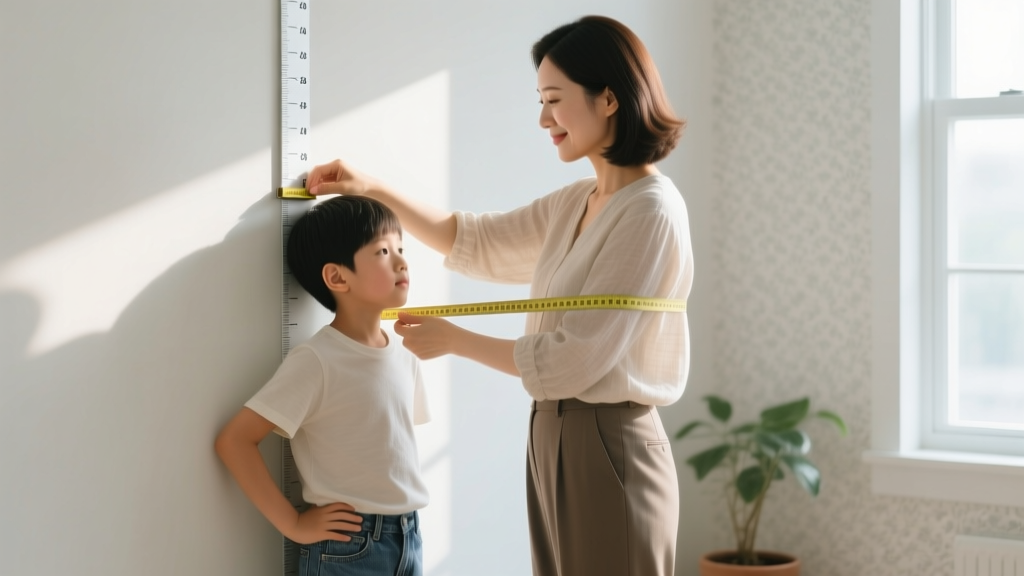 Mother measuring her son's neck with a soft yellow tape to find the correct 14-inch necklace length for child safety.
