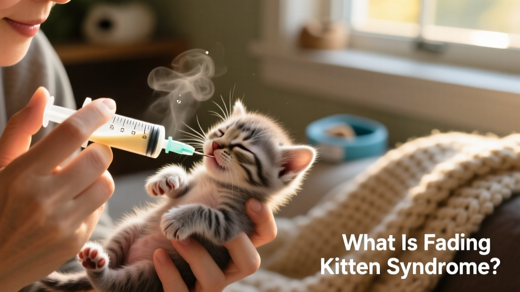 Close-up of a caregiver bottle-feeding a tiny kitten with a specialized kitten formula using a small syringe