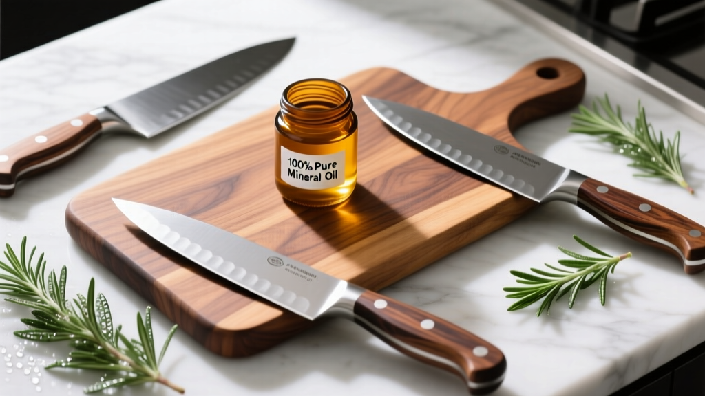 Overhead flat lay of a premium end-grain walnut cutting board surrounded by chef knives, fresh rosemary, and a jar of mineral oil on a marble countertop