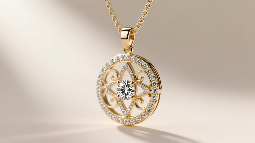 Macro shot of 14k white gold Evenstar pendant with intricate filigree and pave diamonds on a delicate 1.2mm wheat chain