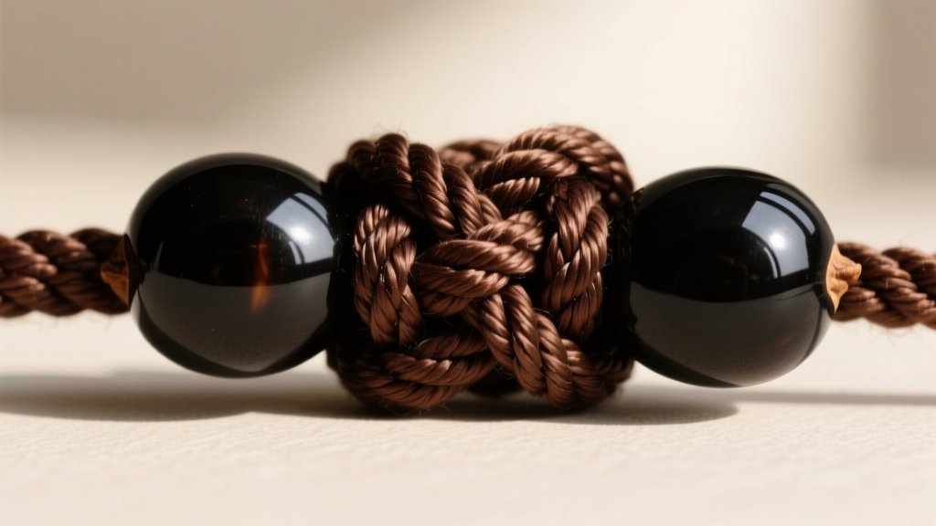 Macro shot of a macrame sliding square knot tied with dark brown waxed cotton cord connecting two glossy black kukui nuts.