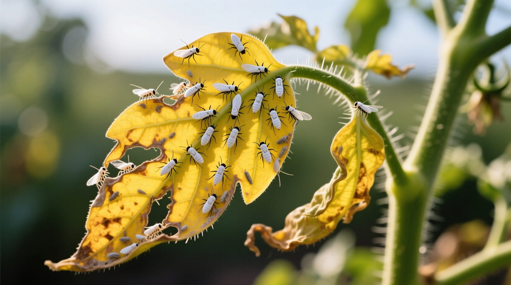 Tomato plant showing yellow leaf curl symptoms with whiteflies