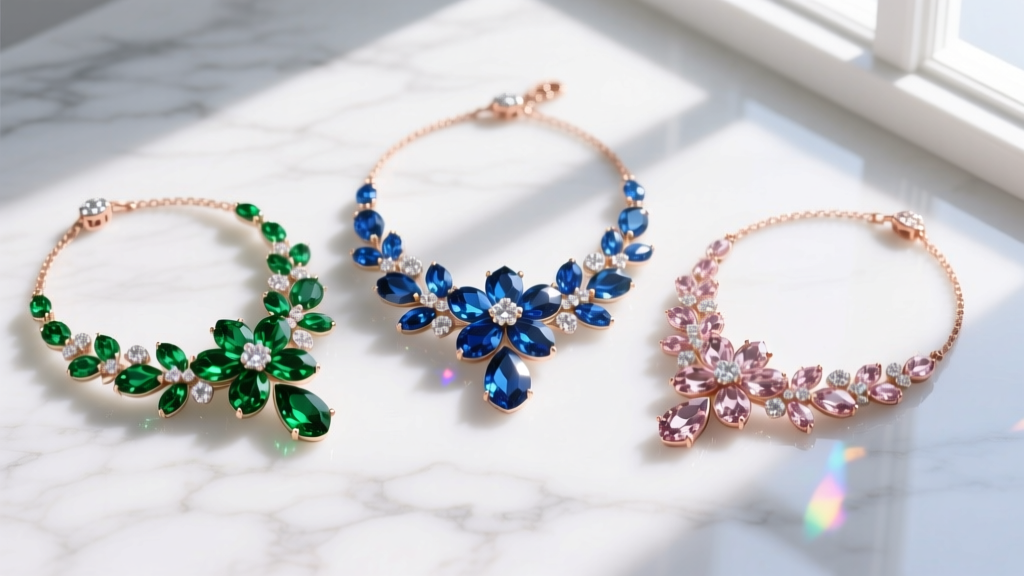 Overhead flat lay of three vibrant Mariana crystal necklaces with floral motifs and marquis-cut Austrian crystals on white marble.