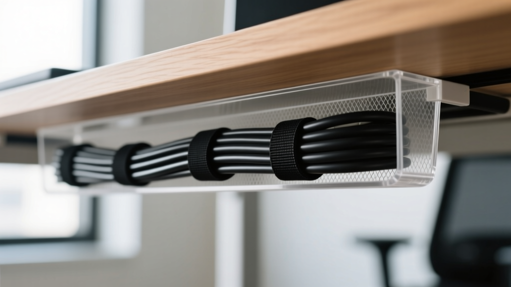 Under-desk view showing organized black cables secured with velcro straps and a mesh cable management tray attached to the bottom of a wooden desk.