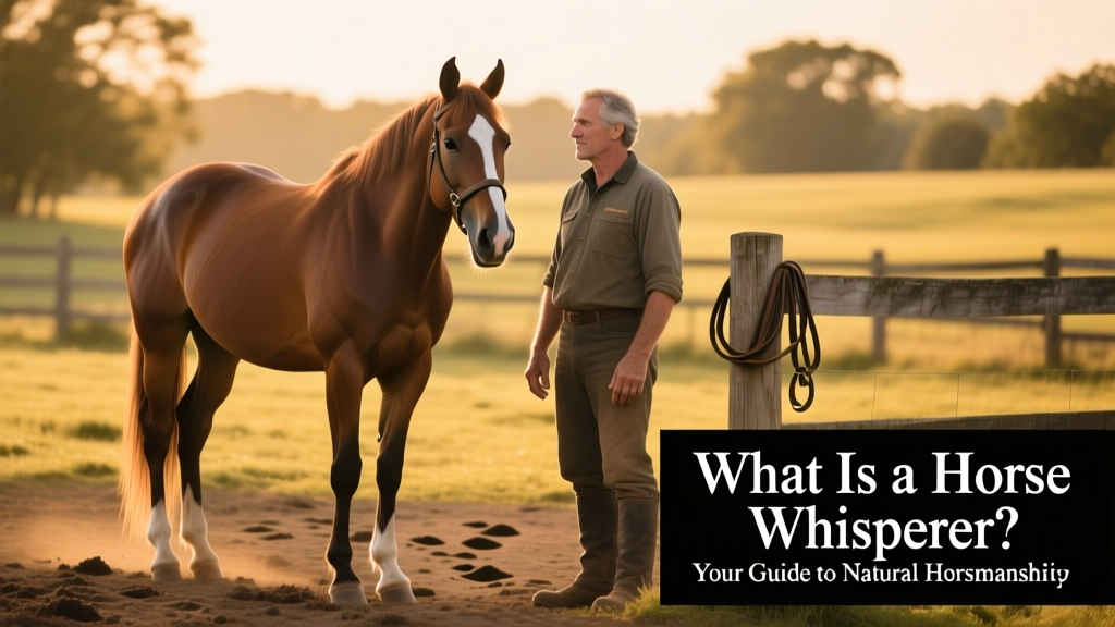 Trainer calmly standing beside a relaxed horse in an open paddock, using subtle body language