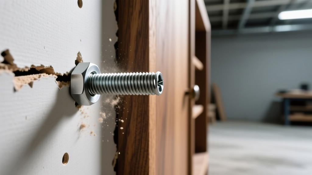 Close-up of a quarter-inch Snaptoggle bolt inserted into drywall to secure a heavy wooden jewelry cabinet under bright work light
