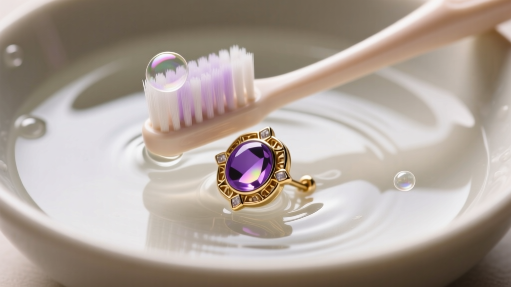 Soft toothbrush gently cleaning a purple gold stud earring in a bowl of mild soapy water, natural daylight, top-down angle