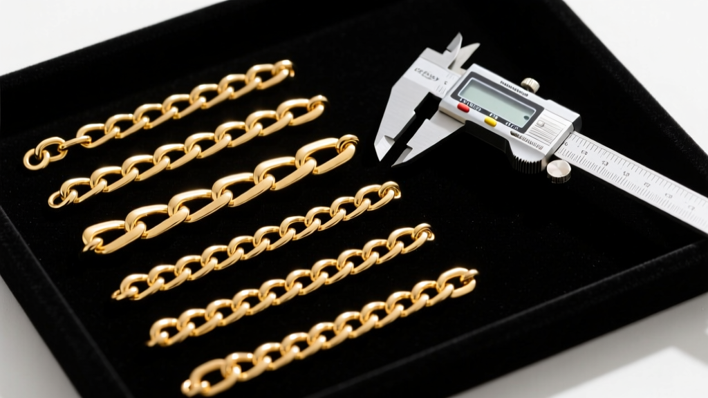 Assorted 14k gold filled curb and figaro chains laid out on a dark velvet tray with digital calipers measuring the link width