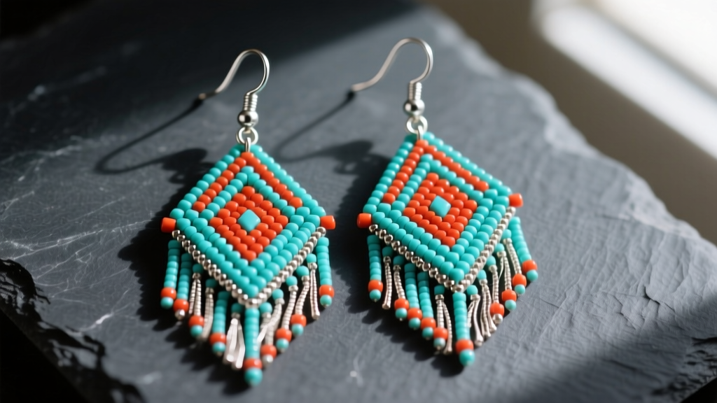 Navajo beaded dangle earrings with turquoise and coral seed beads on dark slate, showing intricate fringe and silver hooks.