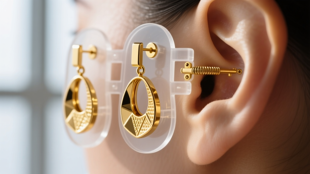 Macro shot of heavy gold drop earrings on clear silicone support patches showing the hidden lift mechanism on a pierced earlobe.