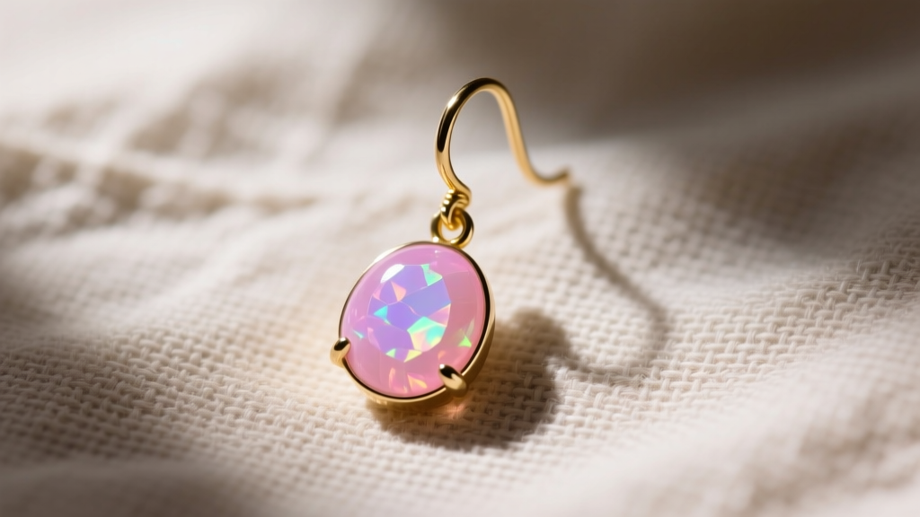 Overhead view of 8mm cabochon pink opal drop earring with secure 18-gauge gold fishhook wire, displayed on raw linen fabric