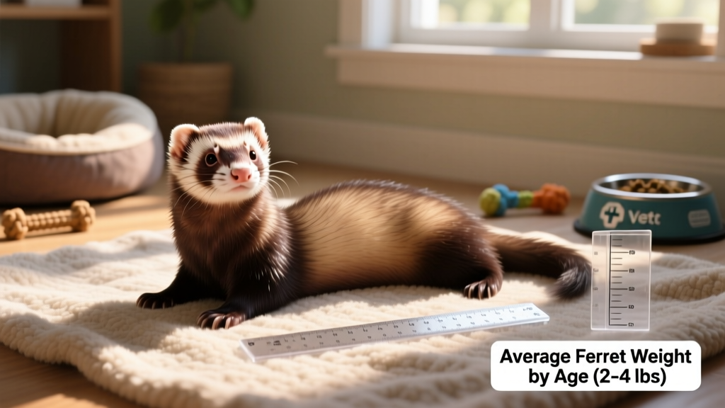 A healthy adult ferret resting on a soft blanket, showing its slender, muscular build and alert expression