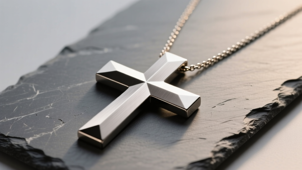 Brushed titanium womens large cross necklace on slate showing bold lines and matte finish under soft warm studio lighting setup