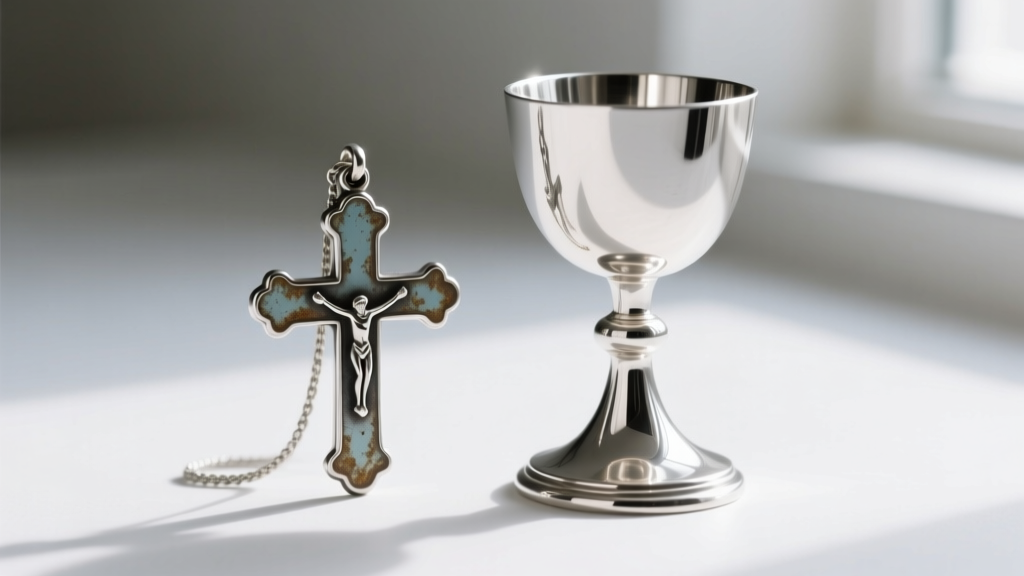 Macro shot comparing a tarnished silver-plated cross pendant next to a bright, polished solid sterling silver communion chalice.