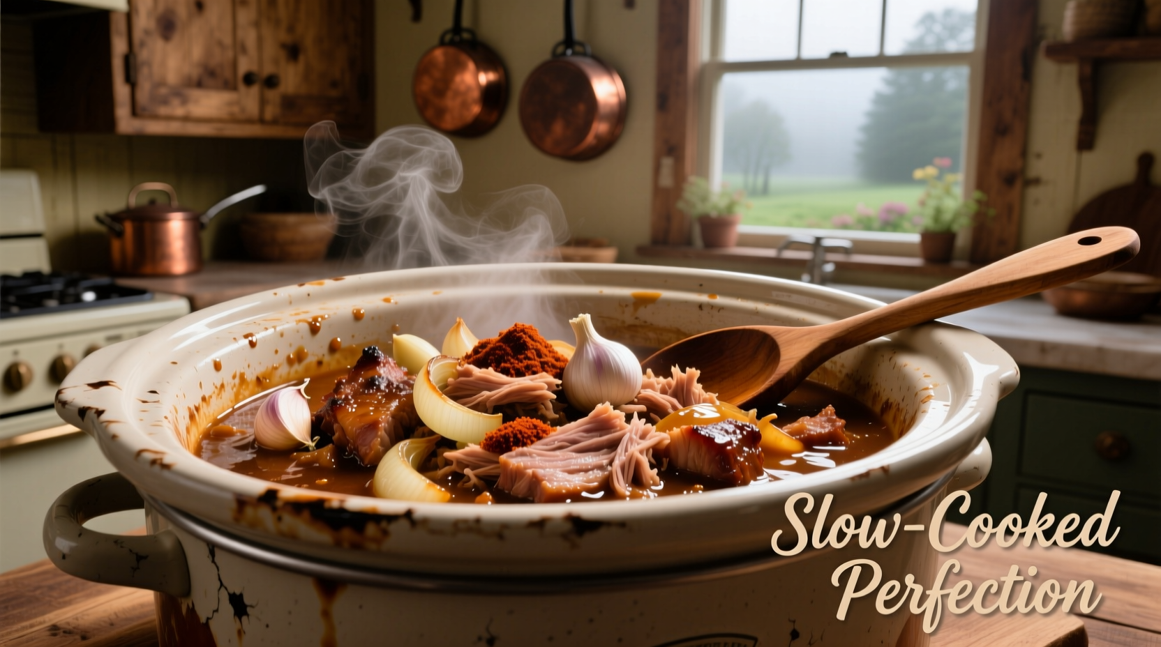Slow cooker filled with pulled pork and seasoning ingredients