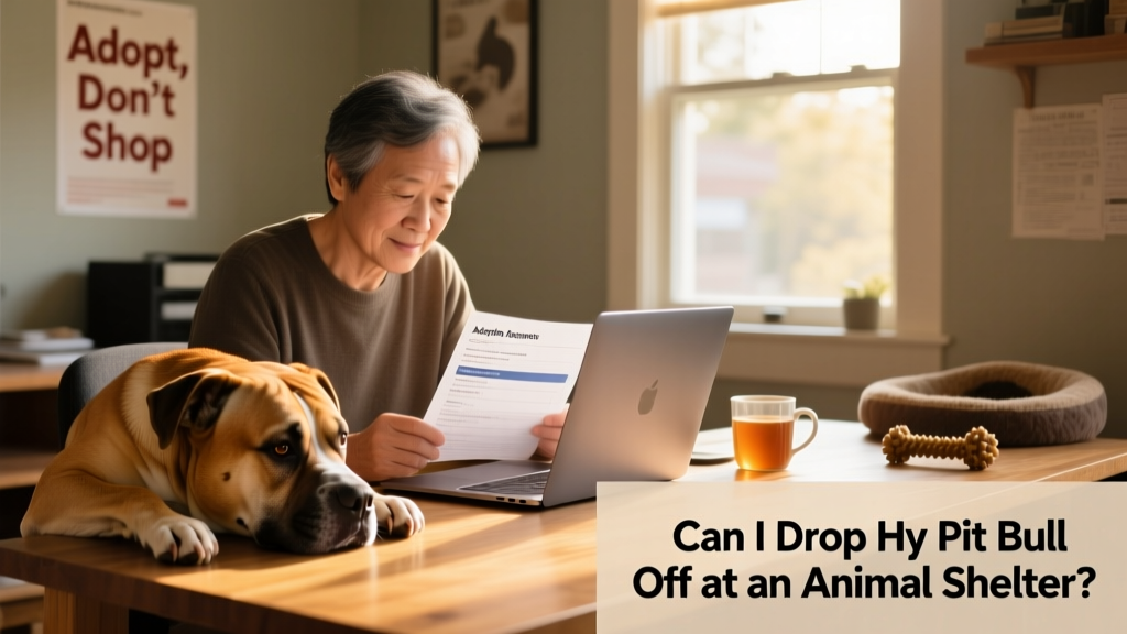 A person reviewing adoption applications on a laptop while their pit bull rests nearby
