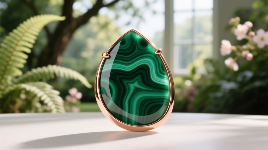 Raw malachite slice in a thick 14k rose gold bezel setting, photographed against a softly blurred botanical garden background