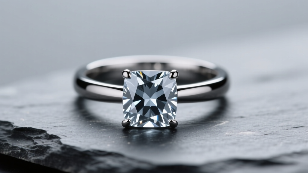 Close-up of a lake gray cubic zirconia solitaire ring set in dark rhodium-plated silver, resting on slate stone under soft light