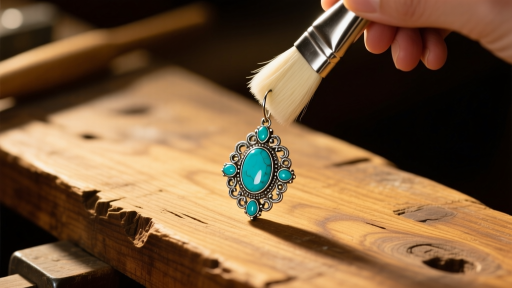 Soft brush cleaning a vintage 1970s turquoise and silver dangle earring under warm lighting on a wooden jeweler