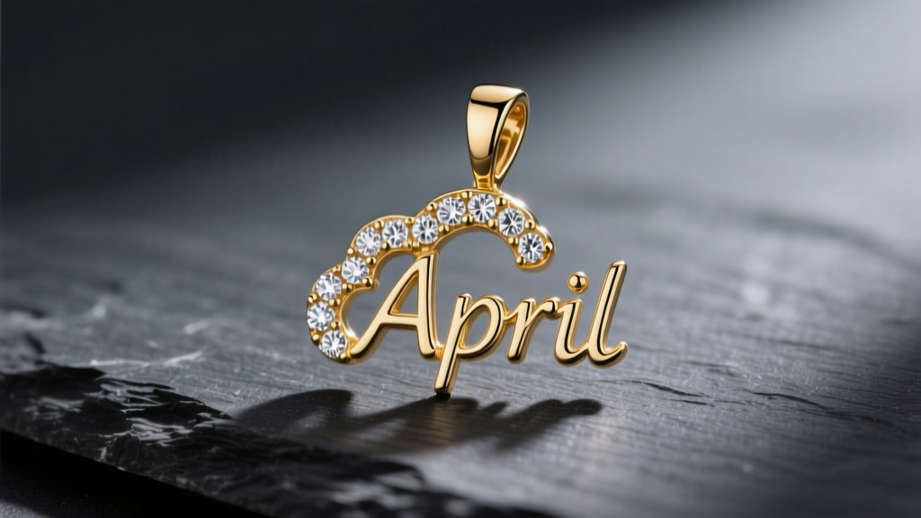 Macro shot of a 14k gold April initial pendant with cloudy melee diamonds in micro-pave, resting on dark slate under soft light