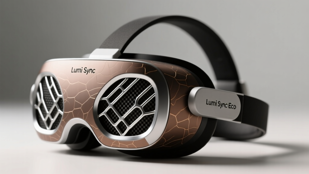 Close-up of the Lumi Sync Eco VR headset showing the recycled polycarbonate texture and graphene thermal cooling vents