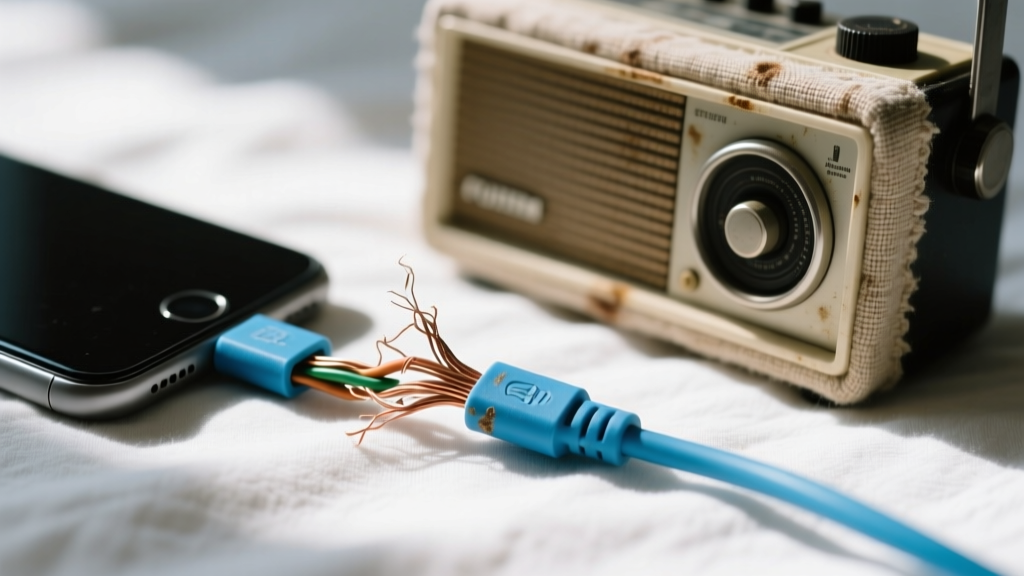Macro shot of a frayed gadget power cable next to a stained fabric sound machine, highlighting everyday wear on bedroom tech.