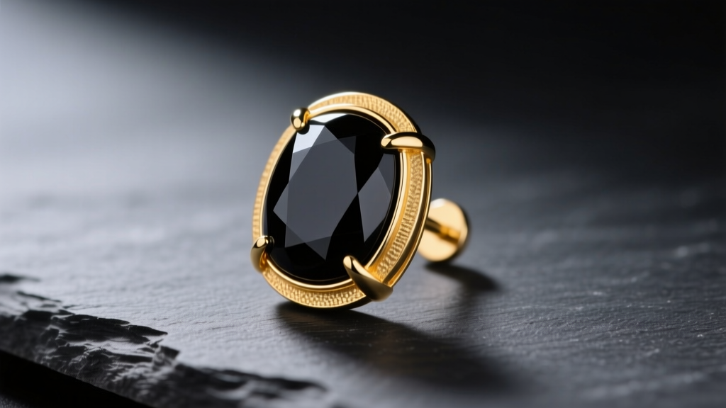 Macro shot of a black onyx earring in an 18k yellow gold bezel, resting on dark slate under soft directional studio lighting