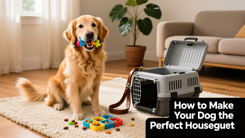 Dog happily engaged with a puzzle toy on a cozy rug, with a leash and travel crate visible nearby