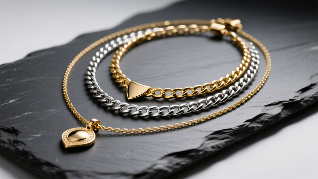 Flat lay of layered necklaces in mixed metals including solid gold and oxidized silver on dark slate, soft studio lighting