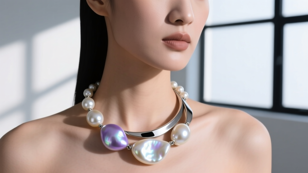Close-up of an asymmetric LBVYR pearl necklace with baroque freshwater pearls and brushed titanium hardware on a fashion model