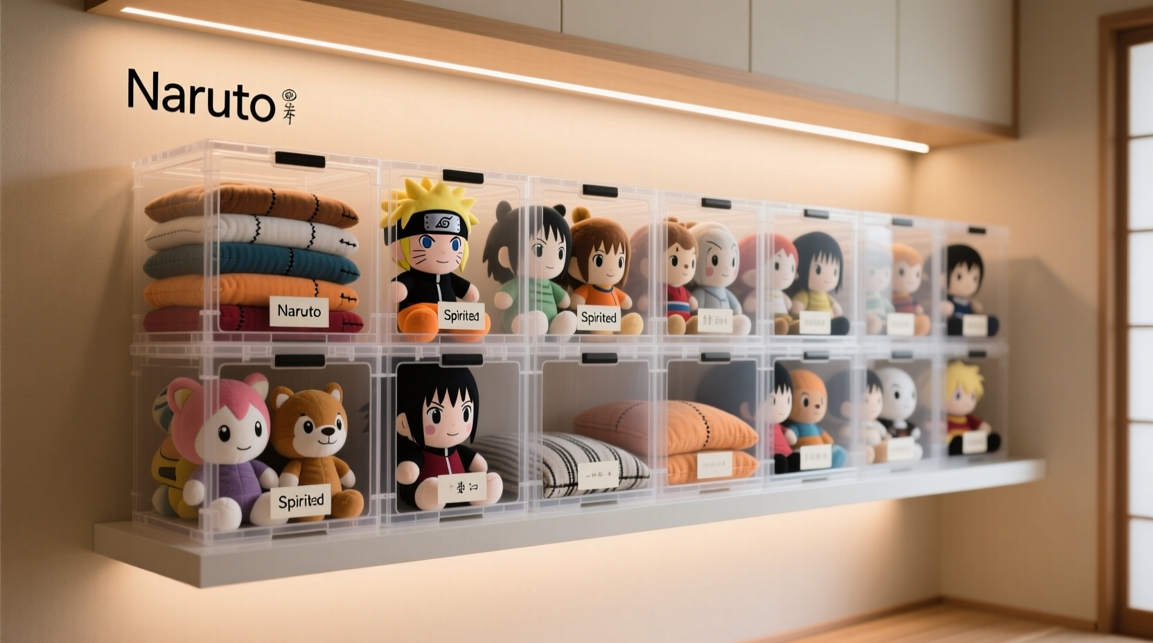 how to organize anime plush in closet with labeled bins