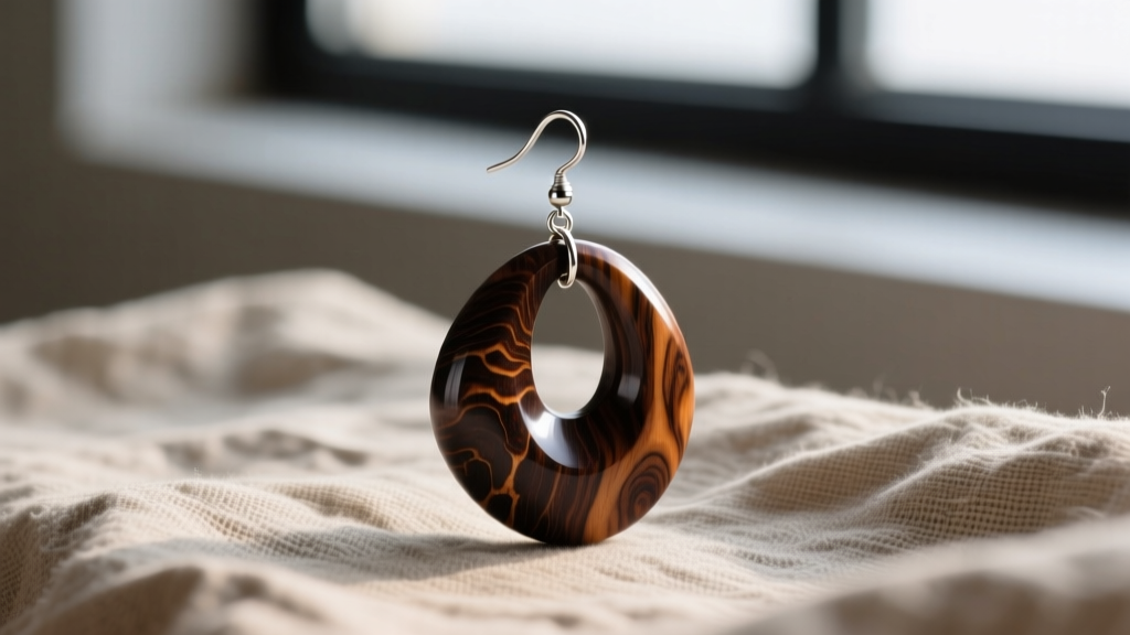 Sculptural Monies earring carved from dark fossilized wood with a recycled sterling silver hook, resting on raw linen fabric.