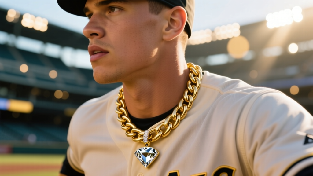 Close-up of a baseball player wearing a thick 12mm gold Cuban link chain and diamond logo pendant against blurred stadium lights.
