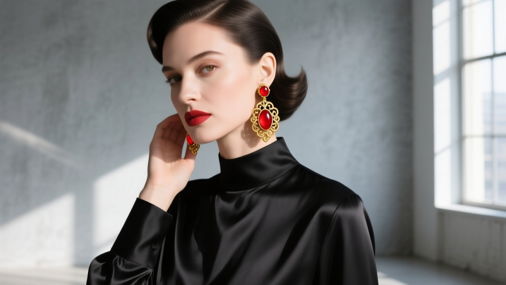 Elegant woman wearing bold 1940s Retro-era red coral and gold clip-on earrings, styled with a modern minimalist black silk blouse.