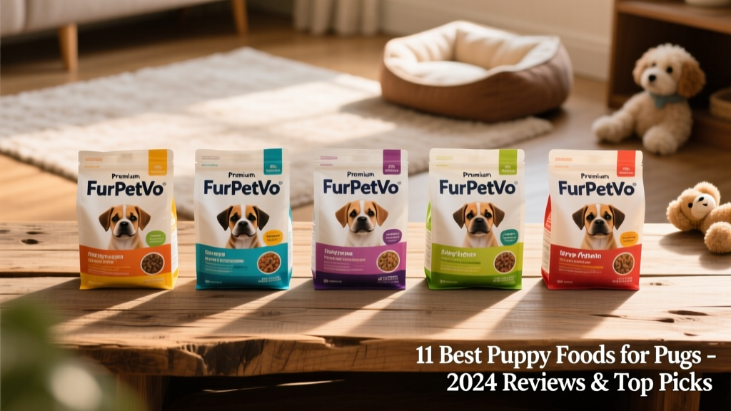 Side-by-side comparison of six FurPetVo puppy food packages arranged neatly on a wooden surface