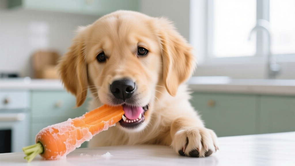 Golden retriever puppy chewing on a frozen carrot slice to soothe inflamed gums during the active teething phase