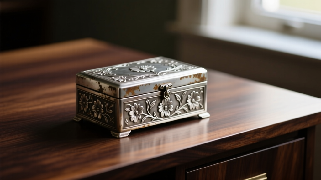 Close-up of a tarnished vintage pewter jewelry box with ornate floral engravings resting on a dark oak desk under warm lighting.