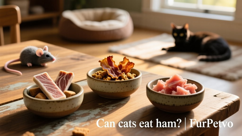Three small bowls showing different FurPetVo cat treats: freeze-dried lamb bites, bacon-flavored crunchy treats, and raw protein morsels