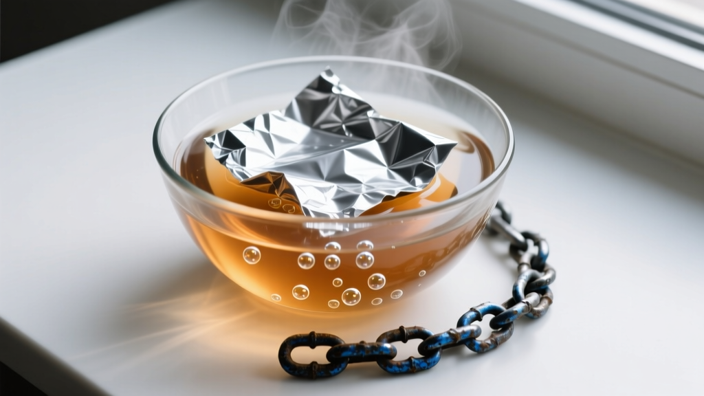 Overhead shot of a glass bowl with hot water, foil, and a tarnished chain, showing tiny gas bubbles forming on the silver.