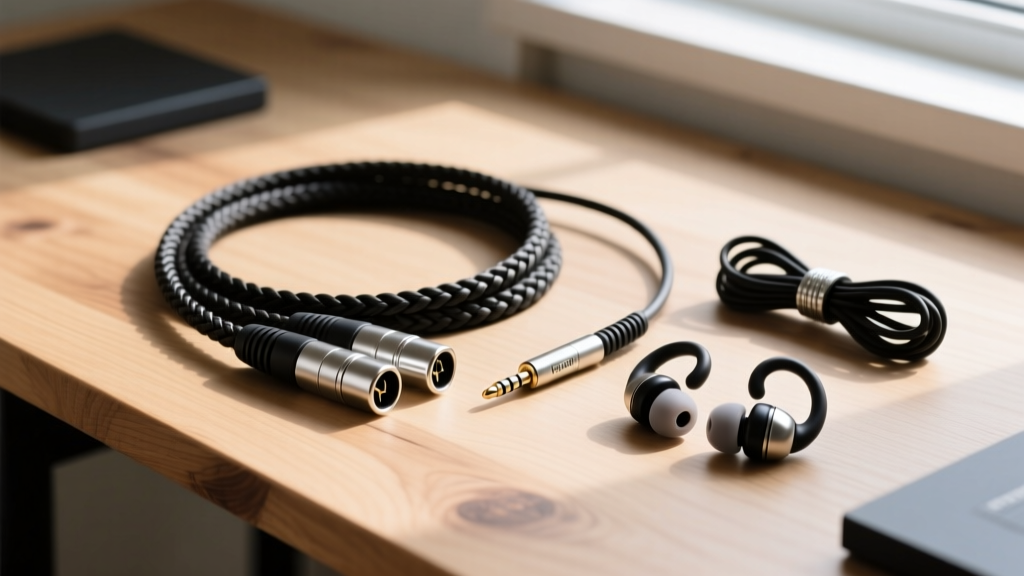 Flat lay of essential studio accessories including braided XLR cables, a 3.5mm TRS breakout cable, and molded isolation earphones on a wooden desk.