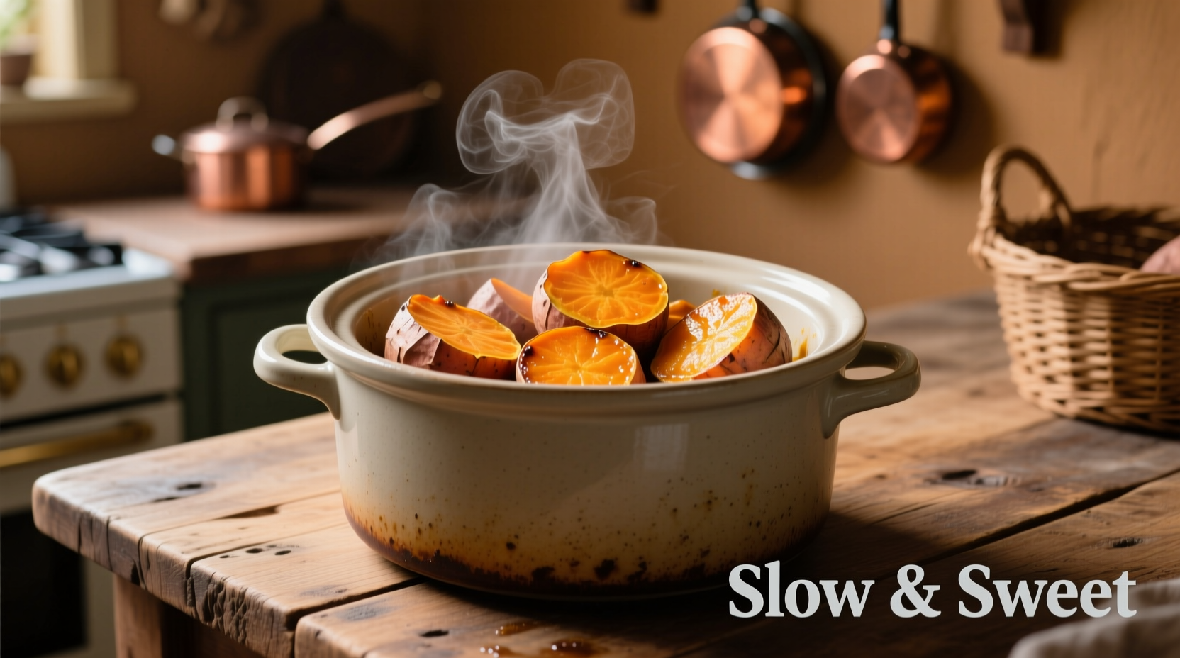 Slow cooker filled with perfectly cooked sweet potatoes