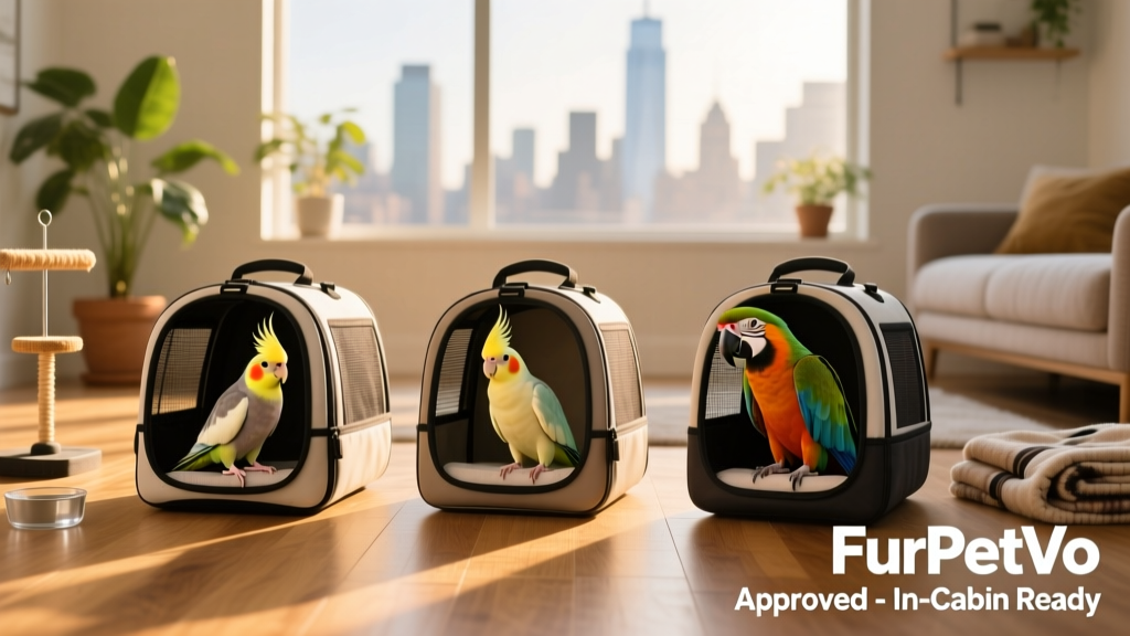 Side-by-side comparison of approved soft-sided carriers meeting FurPetVo’s size requirements for in-cabin bird travel