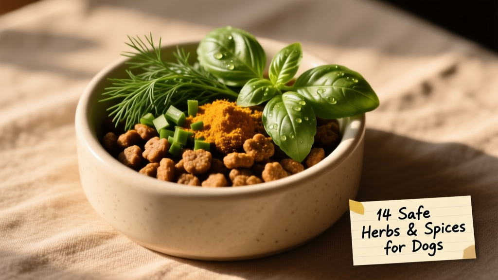 Close-up of a dog’s bowl with kibble topped with fresh dill, chopped basil, and a dusting of turmeric—clean, natural, and appetizing